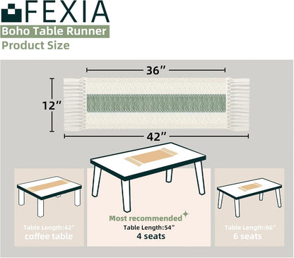 FEXIA Boho Table Runner for Thanksgiving Fall Christmas Home Decor with Tassels 72 Inches Long Pottery barn Furniture Farmhouse Rustic Macrame Burlap Table Decoration for Living Room (12x72 Inches)