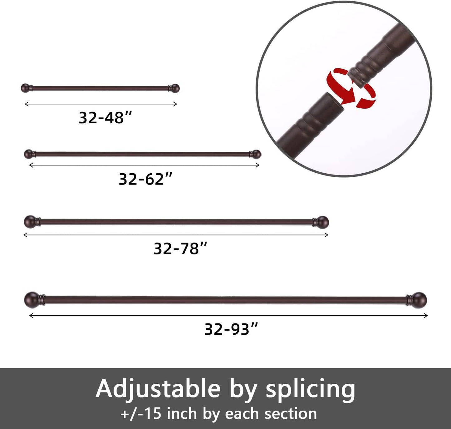 GXOACKJ Curtain Rods for windows 32-48 inch, 5/8 inch Decorative Curtain Rod Set, Matte Black Splicing Heavy Duty Metal Curtain Rod with Brackets
