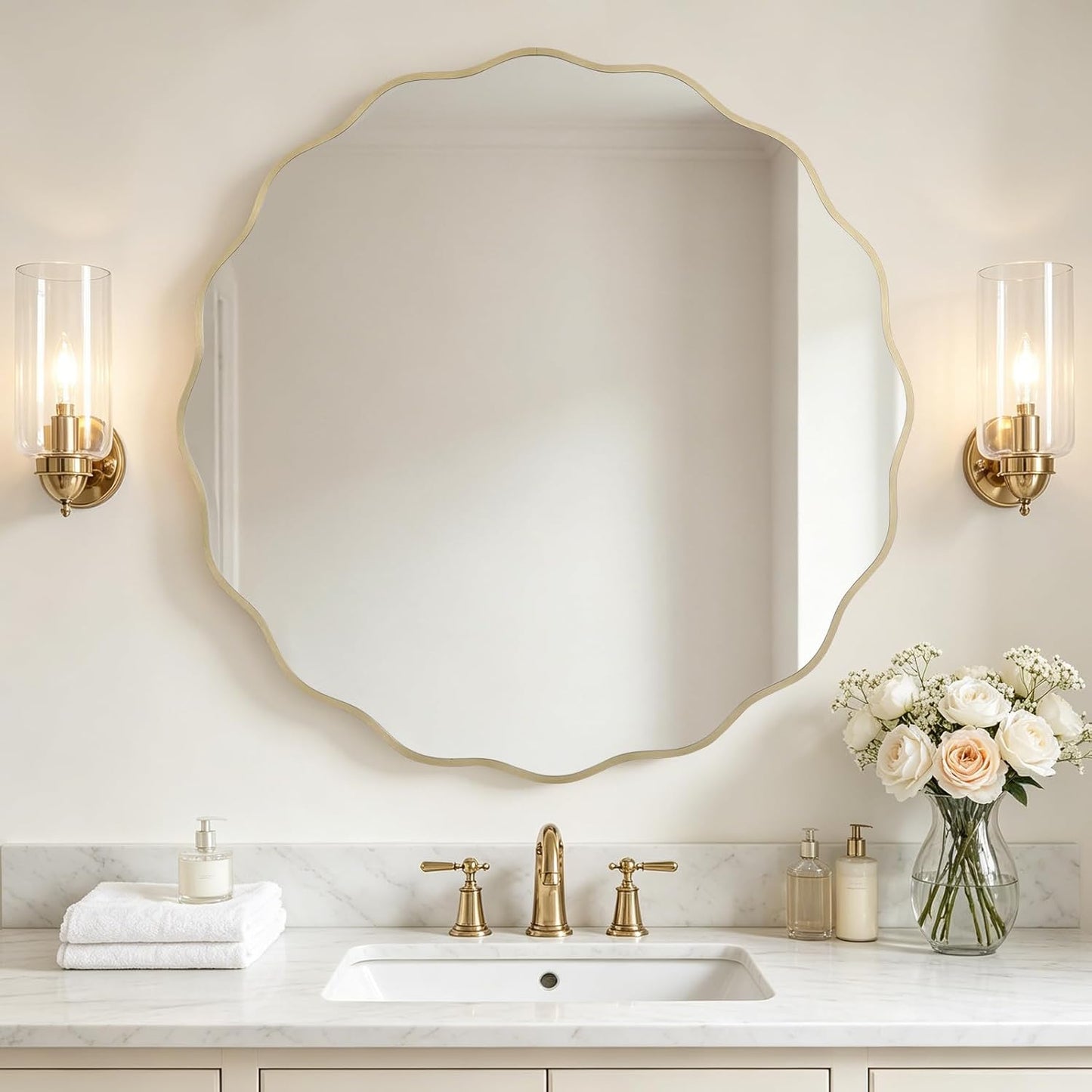 WallBeyond Round Wavy Mirror for Wall Decorative 24 inch, Modern Round Mirror Aluminum Frame for Bathroom Bedroom Living Room Home House Office Entryway, Gold
