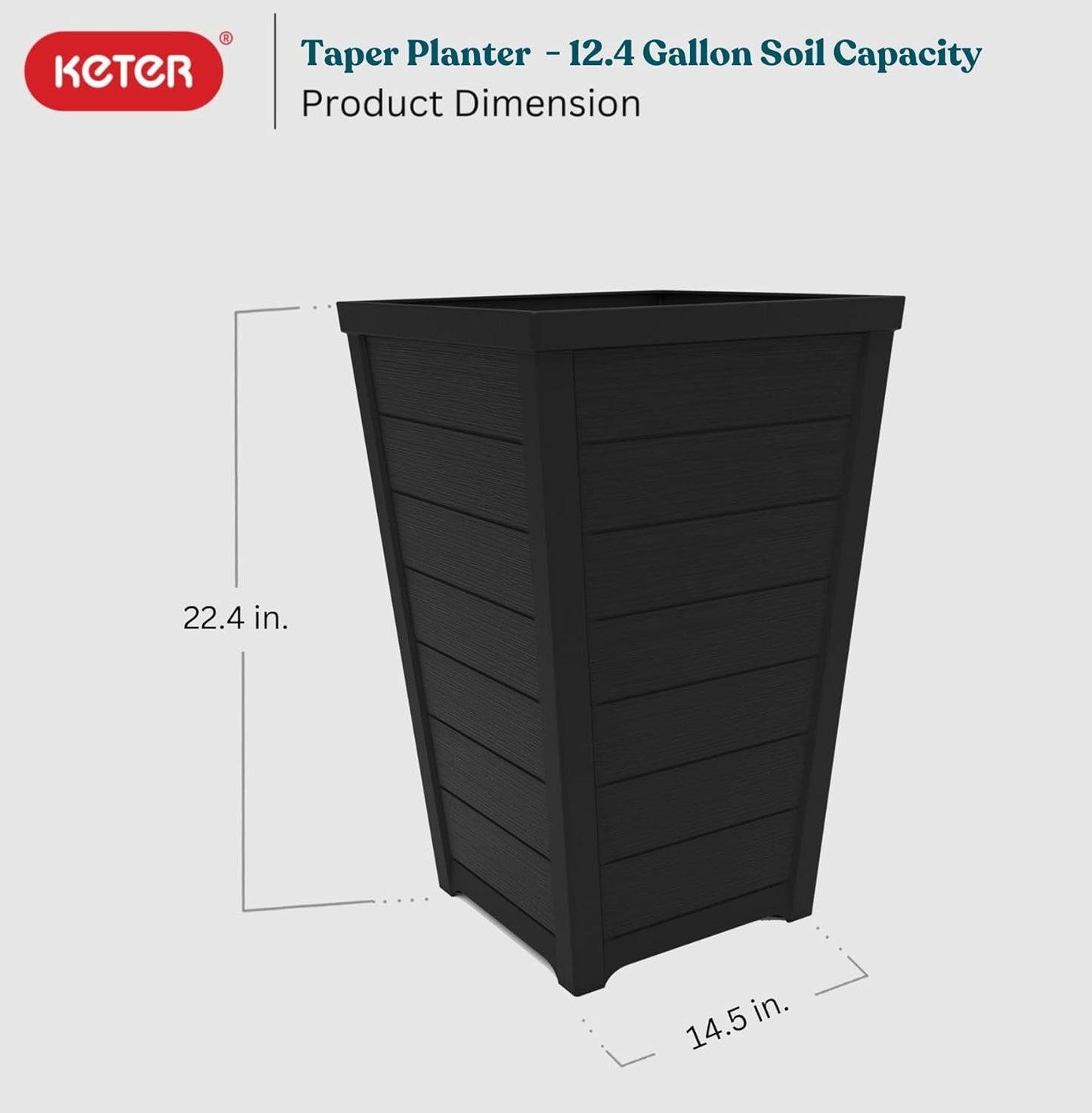Keter Set of 2 Resin Modern Outdoor 22 Inch Tall Large Flower Pots, Tapered Wood Look Planters for Outdoor Plants and Front Porch Decor, Graphite
