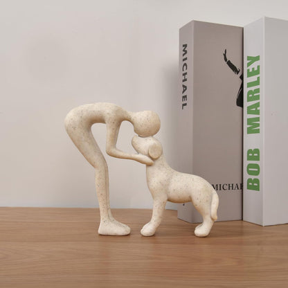 Abstract Resin Hand-Painted Sculpture of Person and Dog Bonding – Head-to-Head Intimate Figurine Decoration for Office、Living Room、Bedroom、Home， Memory Gifts for Pet Lovers (Sandstone)