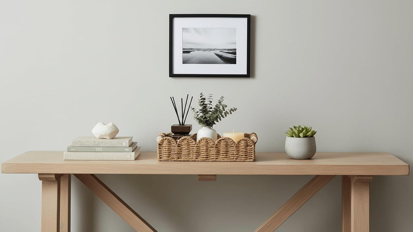 CubesLand Paper Rope Scalloped Edge Toilet Paper Storage Basket, Small Living Room, Bedroom Decor Baskets for Over Toilet Storage Shelf, End Table, Shelves and More, with 2 Wooden Handle, Neutral