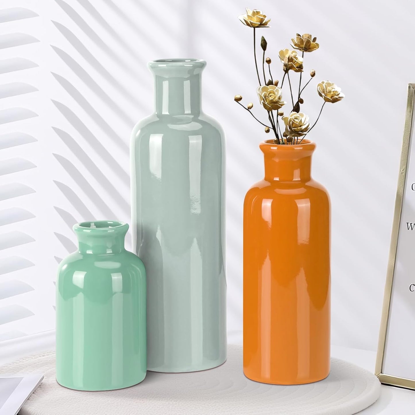Small White Ceramic Vase Set of 3, Boho Modern White Flower Vase Room Decor, Farmhouse Decor, Vases for Your Kitchen, Bathroom, Bedroom, Living Room, Office&Shelf Centerpiece Table Decorations