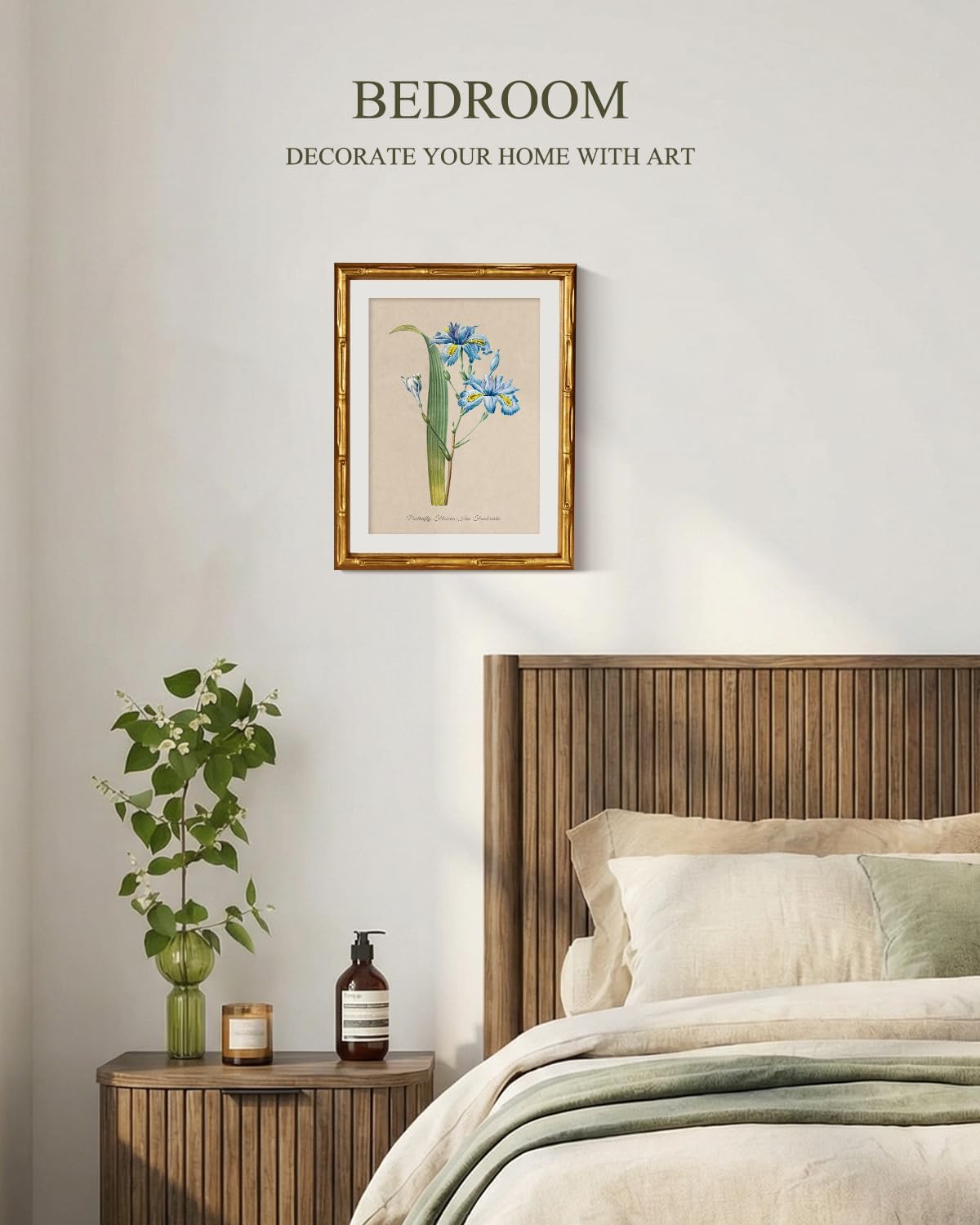 InSimSea Gold Bamboo Framed Canvas Wall Art, Retro Blue Hydrangea Botanical Prints, Antique Flowers Picture Frame with Mat, Victorian Home Wall Decor for Kitchen Living Room Bedroom, 11x14inch