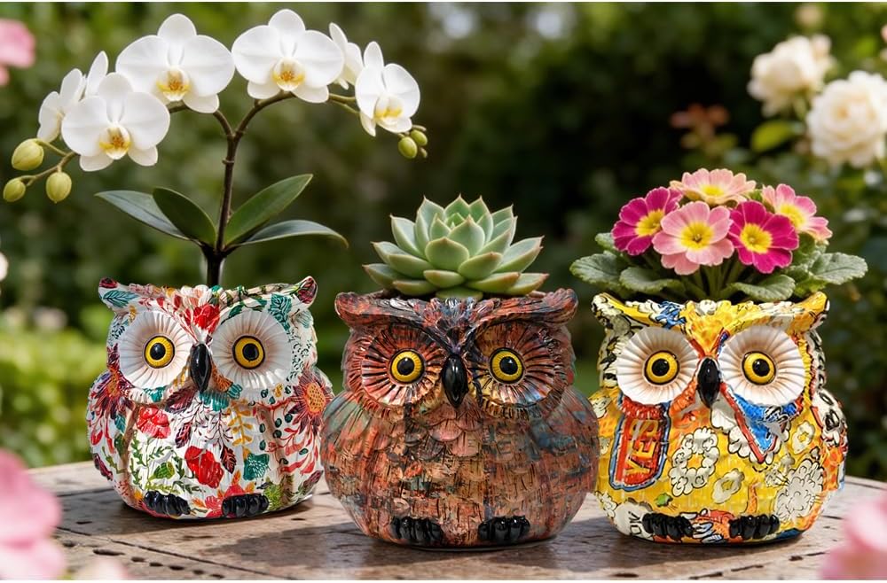 Owl Planter, Owl Succulent Pots, Funny Plant Pots Indoor/Outdoor, Decorative Garden Flower Pot, Cute Small Planters for office Home Decor, Unique Statue Figurine Gifts for Women Mother Teacher Red