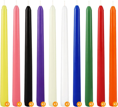 30-Pack 10-Color Taper Candles - 10 Inch Dripless & 10-Hour Burn｜Wedding/Birthday/Home Decor with Premium Wax