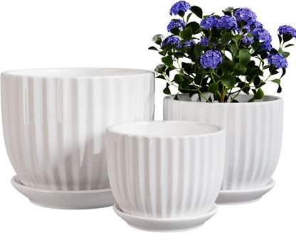 Ton Sin Grey Flower Pots, Texture Planter for Indoor Plants Set of 3 Ceramic Flower Pots with Saucer, Cute Garden Pots Succulent Pots, 6.75/5.6/4.2 Inch, Indoor Outdoor Home Garden Decor
