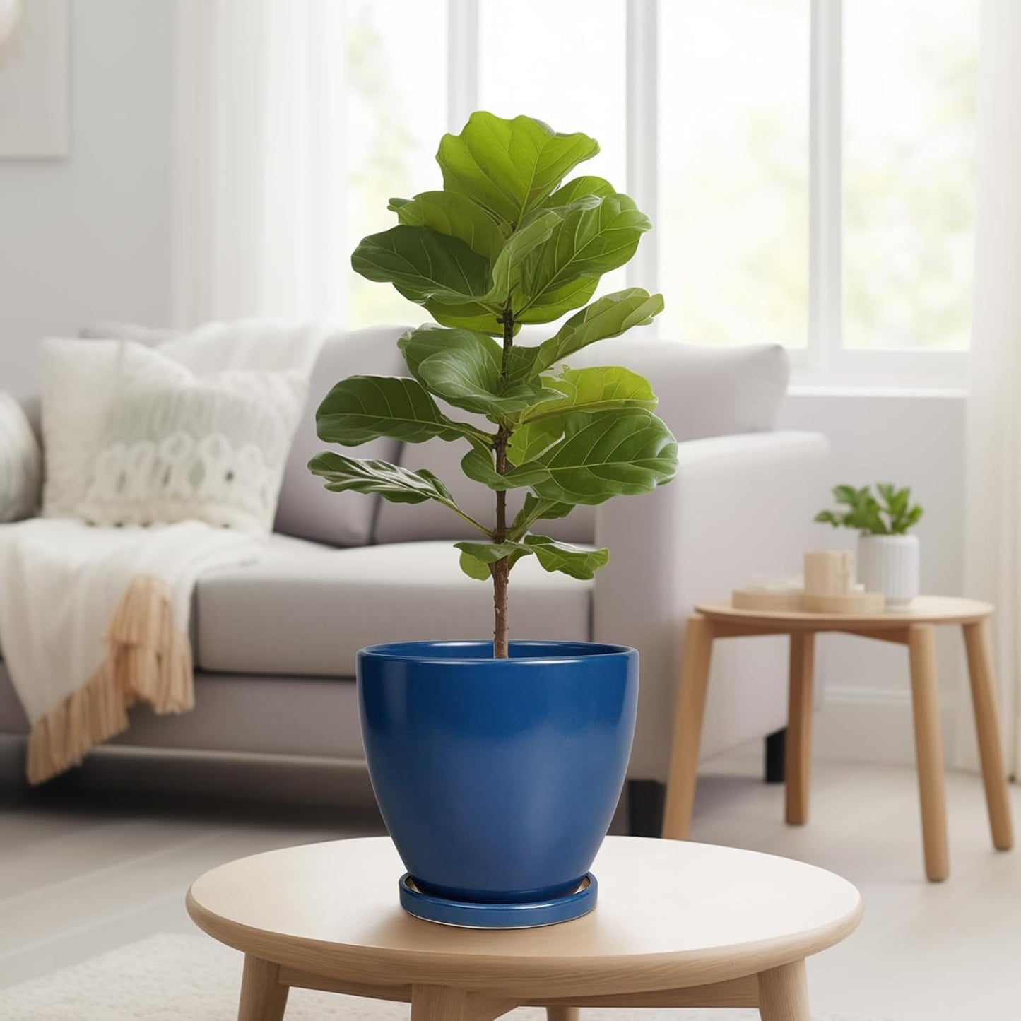 10 Inch Ceramic Planter Pot Round Plant Pot for Indoor Plants Outdoor Large Flower Pot with Drainage Hole and Saucer Blue