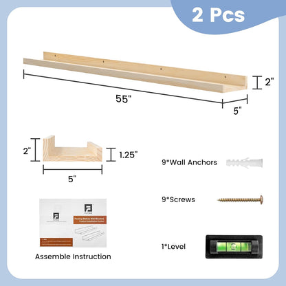 FLYJOE Picture Ledge Shelf, Floating Shelves Set of 2, Solid Pine Wood 55'' Long Large Nursery Book Shelves for Toys Storage, Kids Bookshelf for Living Room Bedroom Decor Books Photo Frames, Walnut