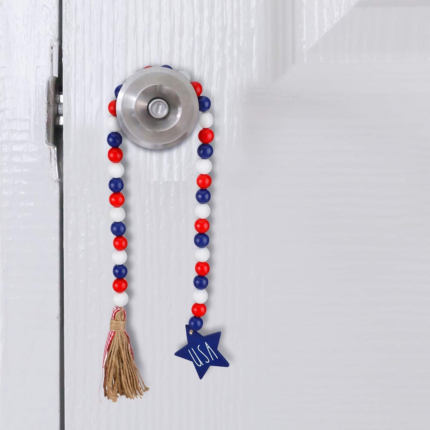 3 Pieces Independence Day Wood Bead Garland with Rustic Tassels 250 Th 4 of July USA Patriotic Wood Bead with American Flag and Wooden Heart Sign for Farmhouse Wall Hanging Prayer Beads Boho Decor