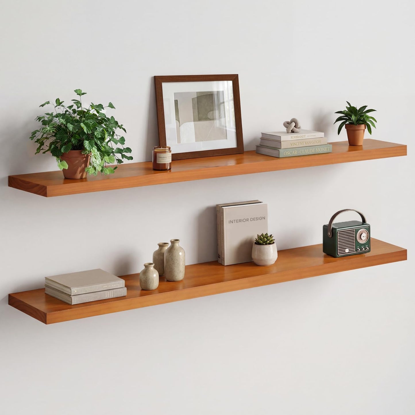 Homeforia 24 inch Natural Floating Shelf, High End Solid Real Wood 24inch Small Floating Shelves for Wall Mounted, Natural Wooden Floating Shelves, Heavy Duty Bracket, 24 X 6.5 X 1.75 in, Set of 2