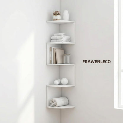 No-Drill Corner Shelf Wall Mount, 5-Tier Floating Corner Bookshelf with Hooks, Space-Saving Zigzag Plant Shelf for Bedroom, Living Room, Bathroom, Home Office
