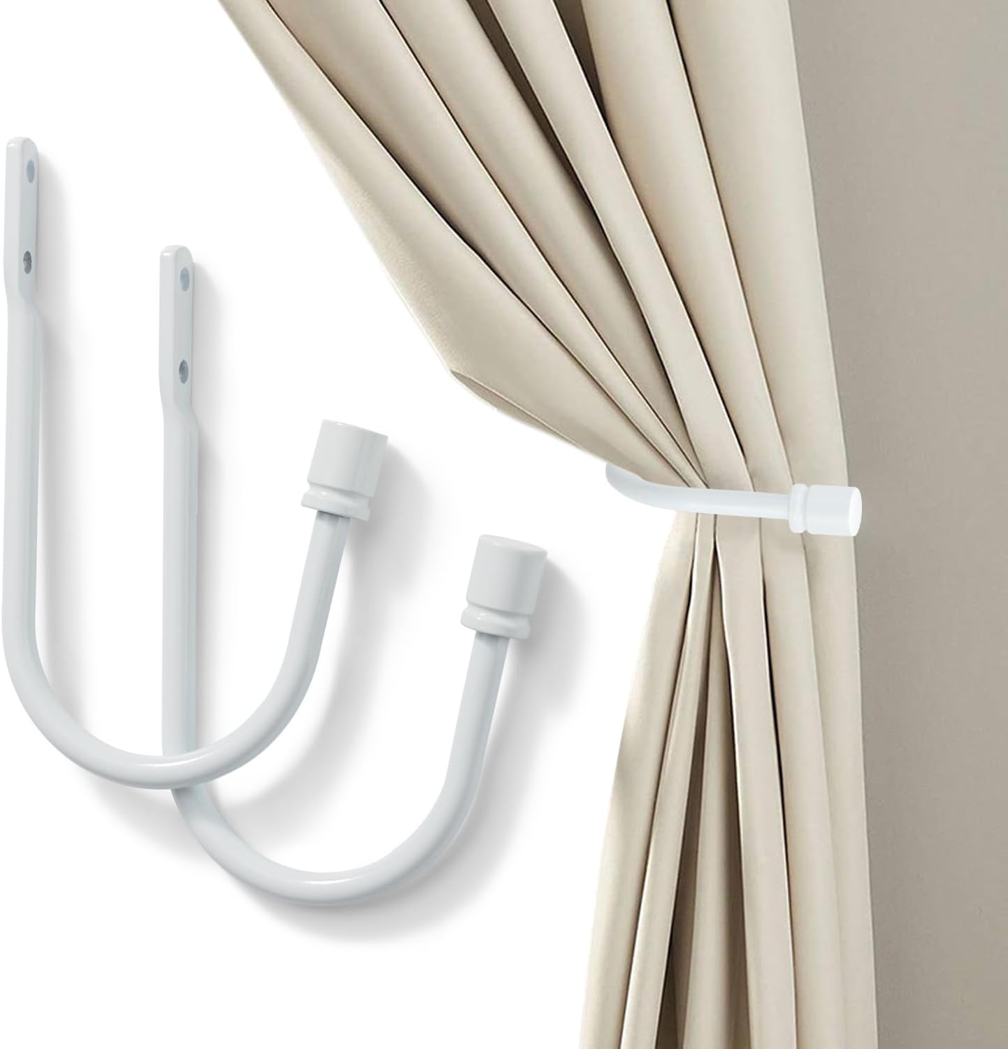 2 Pack Curtain Holdbacks - Silver, Decorative Drapery Wall Hooks with Hardware, Curtain Pull Back Hooks, Metal Curtain Tiebacks Wall Mounted, Window Side Holders for Drapes, Curtain Accessories
