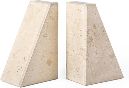 Karibiber Travertine Bookends for Heavy Books, Marble Decorative Bookends for Shelves, Heavy-Duty Stone Book Ends for Hardback Book & Cookbooks, Unique Book Stopper & Holder, Travertino Italy