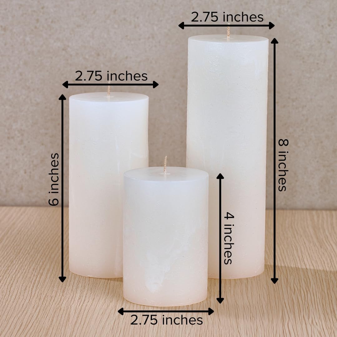 Simply Soson 3x6 inch Ivory Pillar Candles Set of 3, Rustic Texture, Unscented Ivory Candles, Dripless Candles, 3 inch Pillar Candles Ideal as Wedding, Parties, Spas, Dinner, Home Decoration, Church