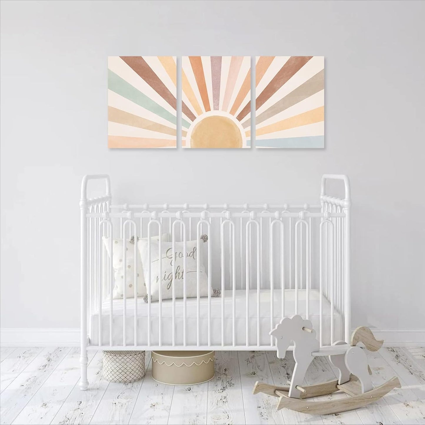 Sage Green Boho Wall Art Set of 3, Minimalist Framed Wall Art Geometric Line Leaf Sun Moon Beige Green Canvas Artwork Paintings, Abstract Botanical Boho Room Decor, Office, 12"x16"