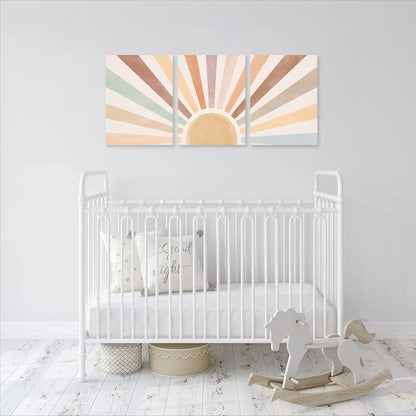 Sage Green Boho Wall Art Set of 3, Minimalist Framed Wall Art Geometric Line Leaf Sun Moon Beige Green Canvas Artwork Paintings, Abstract Botanical Boho Room Decor, Office, 12"x16"