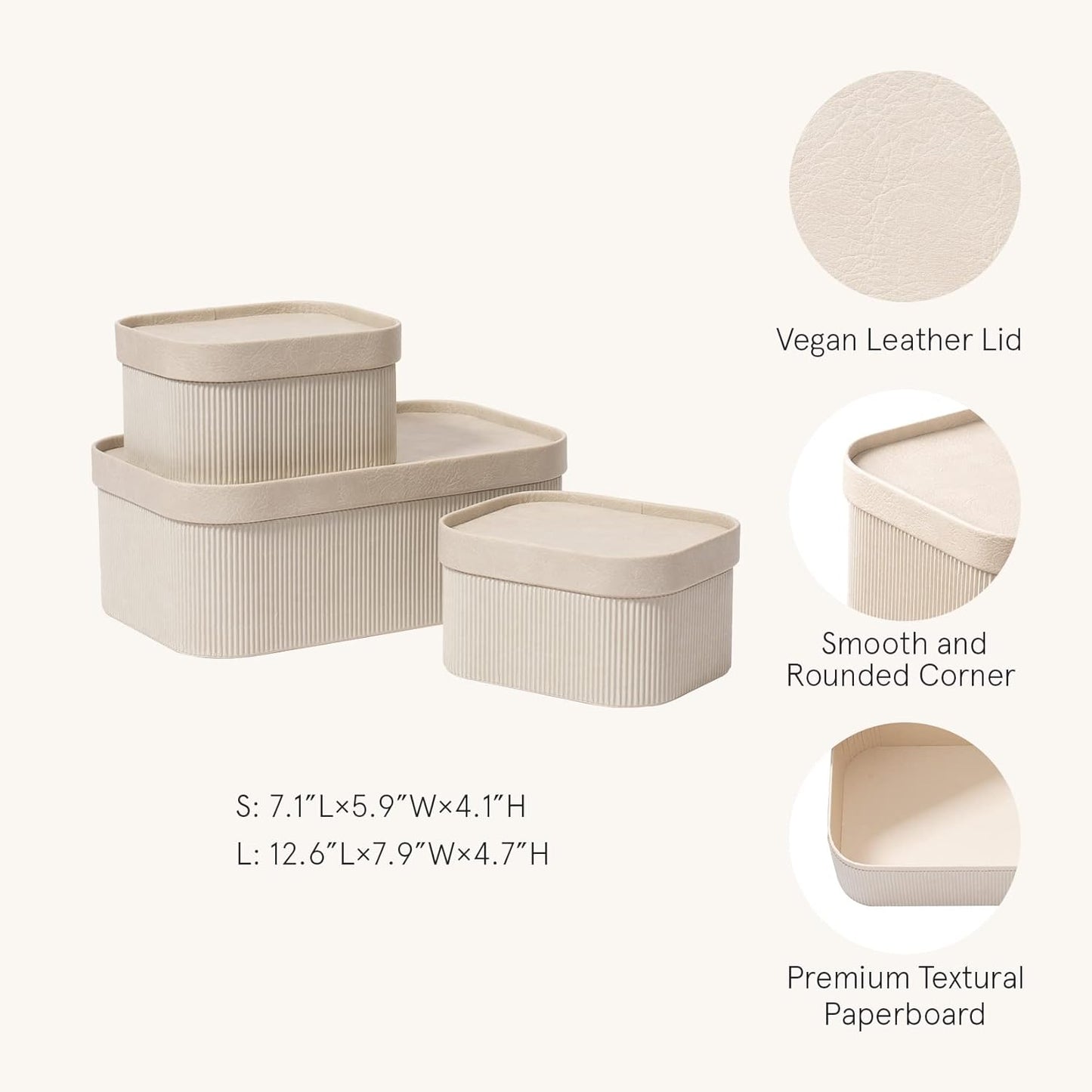 LA JOLIE MUSE Fluted Cardboard Storage Baskets with Leather-Like Lids, Sturdy Stackable Paper Boxes Decorative Tray, Chocolate Brown, Set of 3