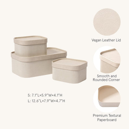 LA JOLIE MUSE Fluted Cardboard Storage Baskets with Leather-Like Lids, Sturdy Stackable Paper Boxes Decorative Tray, Chocolate Brown, Set of 3