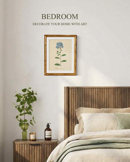 InSimSea Gold Bamboo Framed Canvas Wall Art, Retro Blue Hydrangea Botanical Prints, Antique Flowers Picture Frame with Mat, Victorian Home Wall Decor for Kitchen Living Room Bedroom, 11x14inch