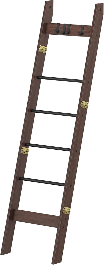 Hzuaneri Blanket Ladder for Living Room, Decorative Quilt Rack with 4 Removable Hooks, 5-Tier Farmhouse Ladder Holder Shelf Organizer for Bedroom, Rustic Brown and Black 02101BBR