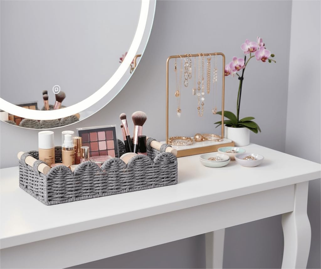 CubesLand Paper Rope Scalloped Edge Toilet Paper Storage Basket, Small Living Room, Bedroom Decor Baskets for Over Toilet Storage Shelf, End Table, Shelves and More, with 2 Wooden Handle, Neutral