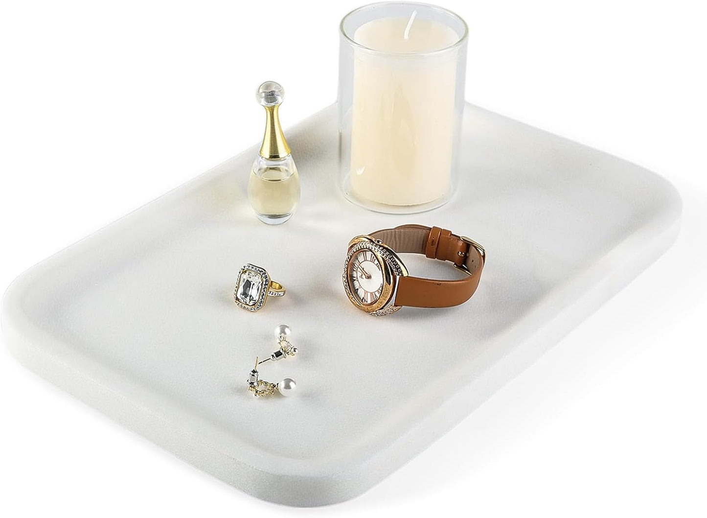 Koville Romano Travertine Tray, 12"x8" Natural Stone Vanity Tray for Countertop Bathroom Kitchen Dresser, Decorative Marble Catchall Trays for Perfume Jewelry, Rectangular Serving Tray(Beige)