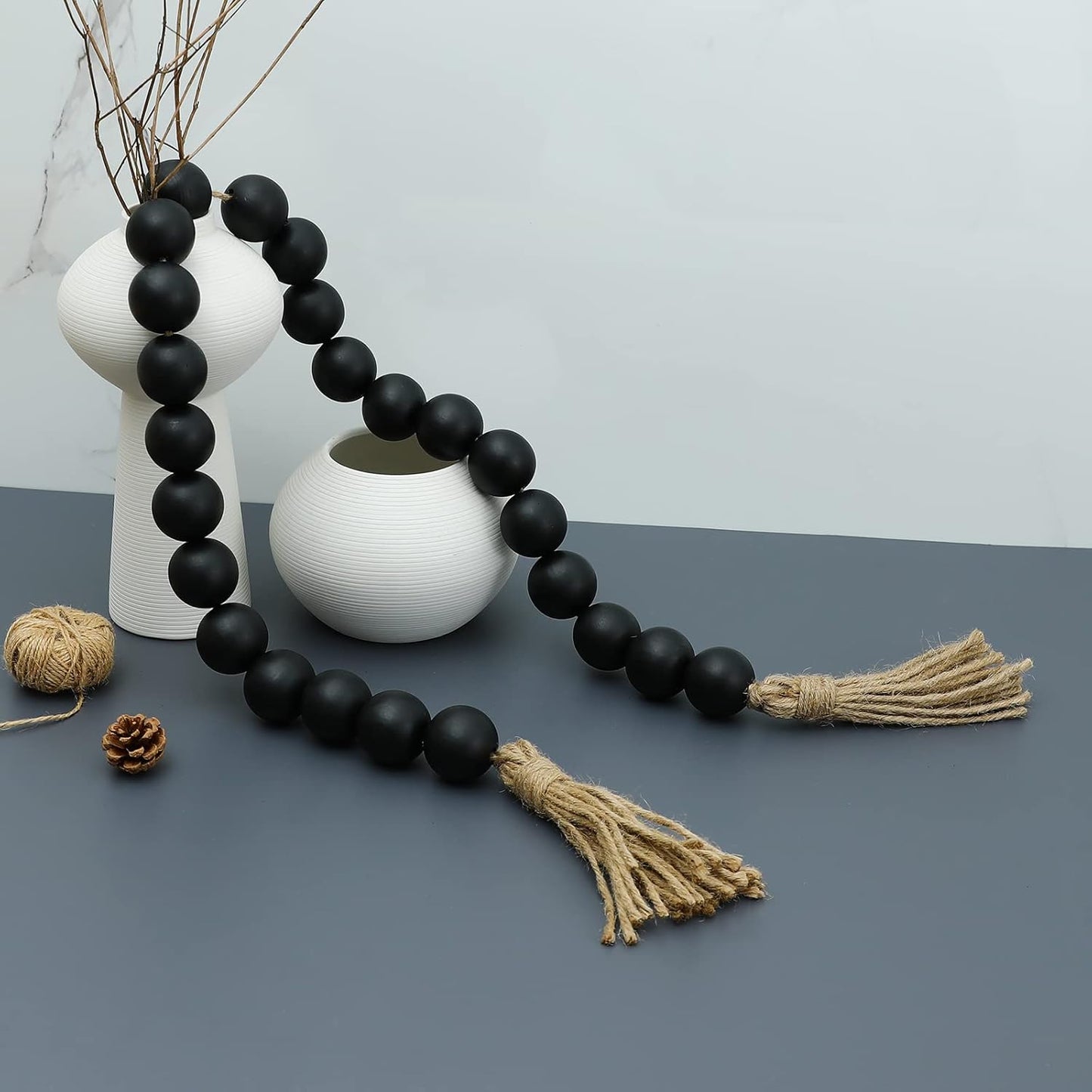 Farmhouse Decor Large Wood Bead Garland 50inch long with 1.6" Diameter beads, Natural Wooden Beads Decor with Tassels Decorative Boho Country Decoration for Coffee Table Home Tiered Tray Wall Hanging