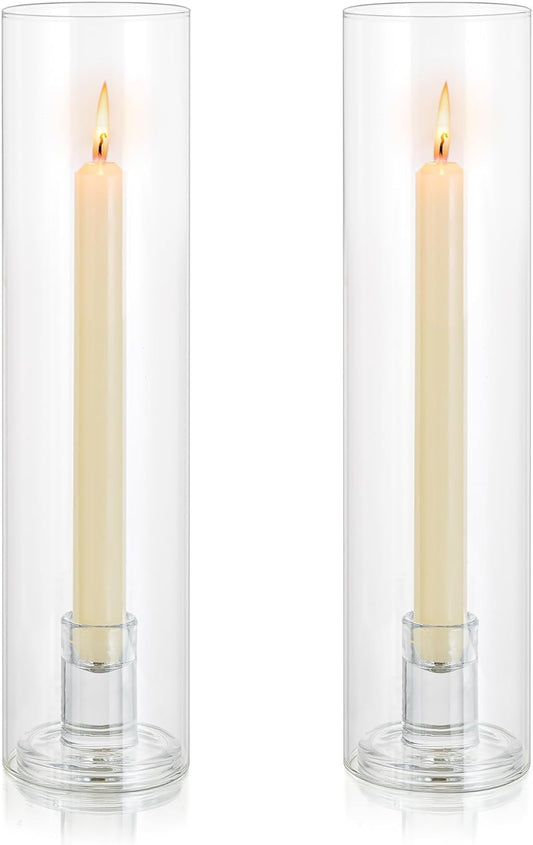 Glass Hurricane Candle Holder: 12" Tall Candlestick Holder Bulk with Cylinder Windproof Cover Set of 6 Clear Taper Candle Holders for Wedding Party Birthday Christmas Decor