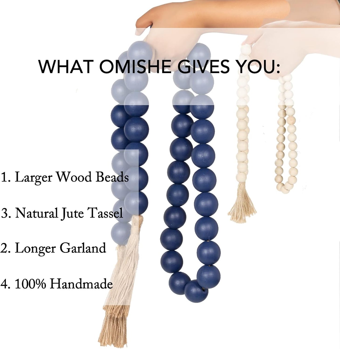 OMISHE Extra Large Wood Bead Garland with 1.6" Diameter Wooden Beads and Tassels, 41" Long Rustic Farmhouse Country Decorative Beads for Home Tiered Tray Decor, Natural Beige