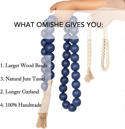 OMISHE Extra Large Wood Bead Garland with 1.6" Diameter Wooden Beads and Tassels, 41" Long Rustic Farmhouse Country Decorative Beads for Home Tiered Tray Decor, Natural Beige