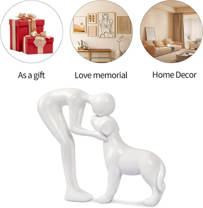 Abstract Resin Hand-Painted Sculpture of Person and Dog Bonding – Head-to-Head Intimate Figurine Decoration for Office、Living Room、Bedroom、Home， Memory Gifts for Pet Lovers (Sandstone)