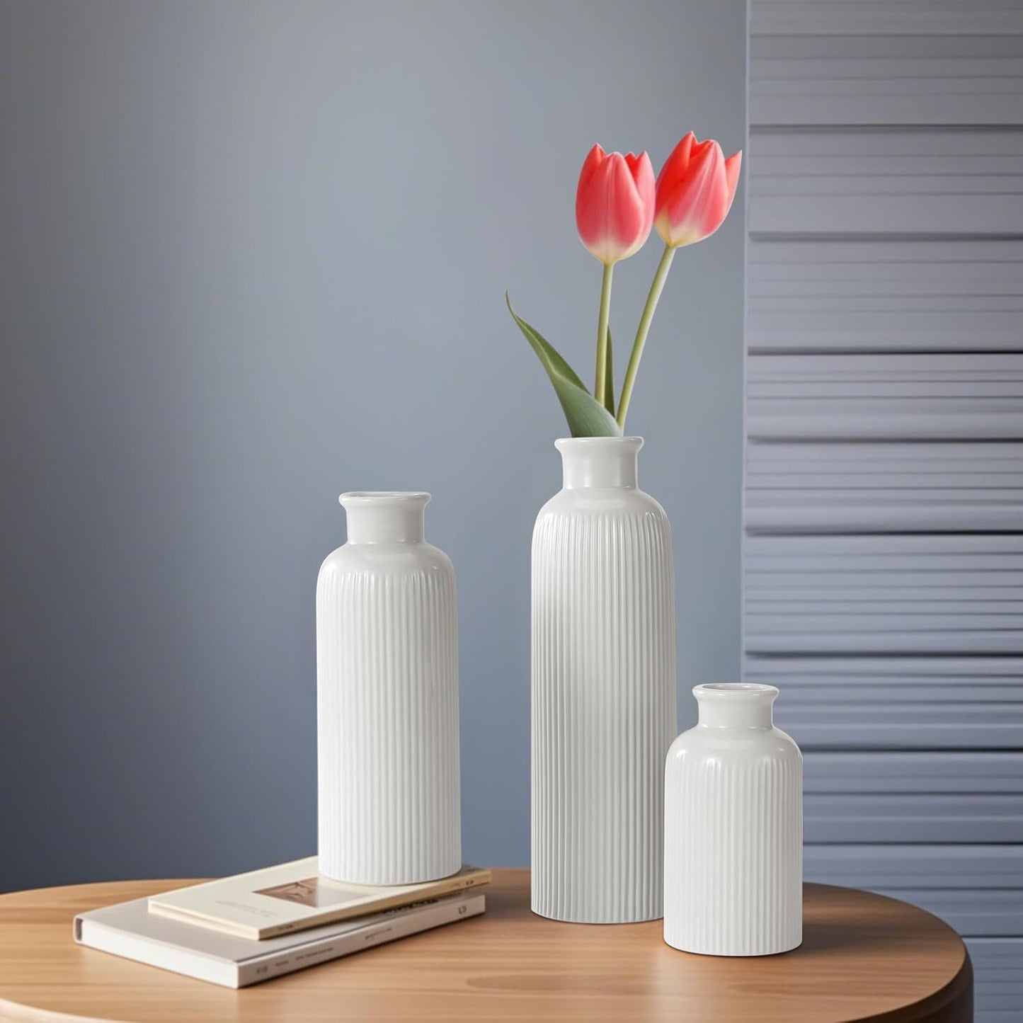 Small White Ceramic Vase Set of 3, Boho Modern White Flower Vase Room Decor, Farmhouse Decor, Vases for Your Kitchen, Bathroom, Bedroom, Living Room, Office&Shelf Centerpiece Table Decorations