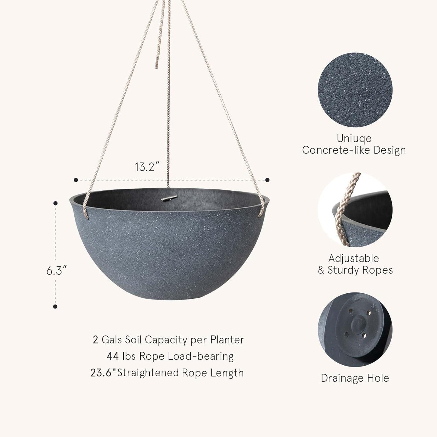 LA JOLIE MUSE Large Hanging Planters - 13 Inch Flower Pots Outdoor Indoor, Hanging Garden Planters Set of 2, New Iron Color
