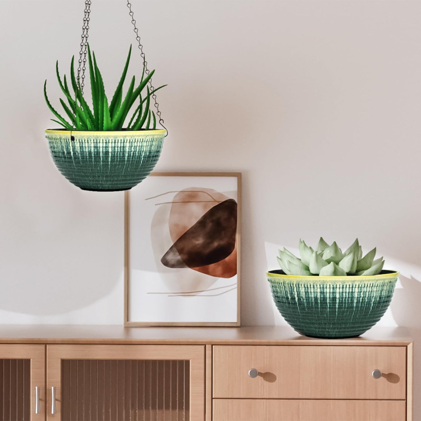 12 inch Large Hanging Planters for Indoor Outdoor Plants, Set of 2 Glazed Hanging Flower Pots with Drainage Hole, Hanging Baskets for Garden Home Porch Decor