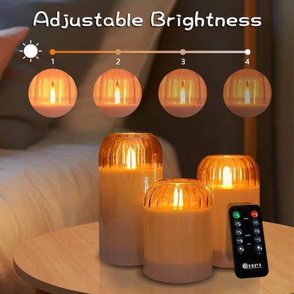 Rechargeable Flameless Glass Pillar Candles–Gifts for Women,–Set of 3, Realistic Flickering LED Light,Remote & Timer, Ideal for Living Room, Bedroom & Festival Wedding Home Party Decor