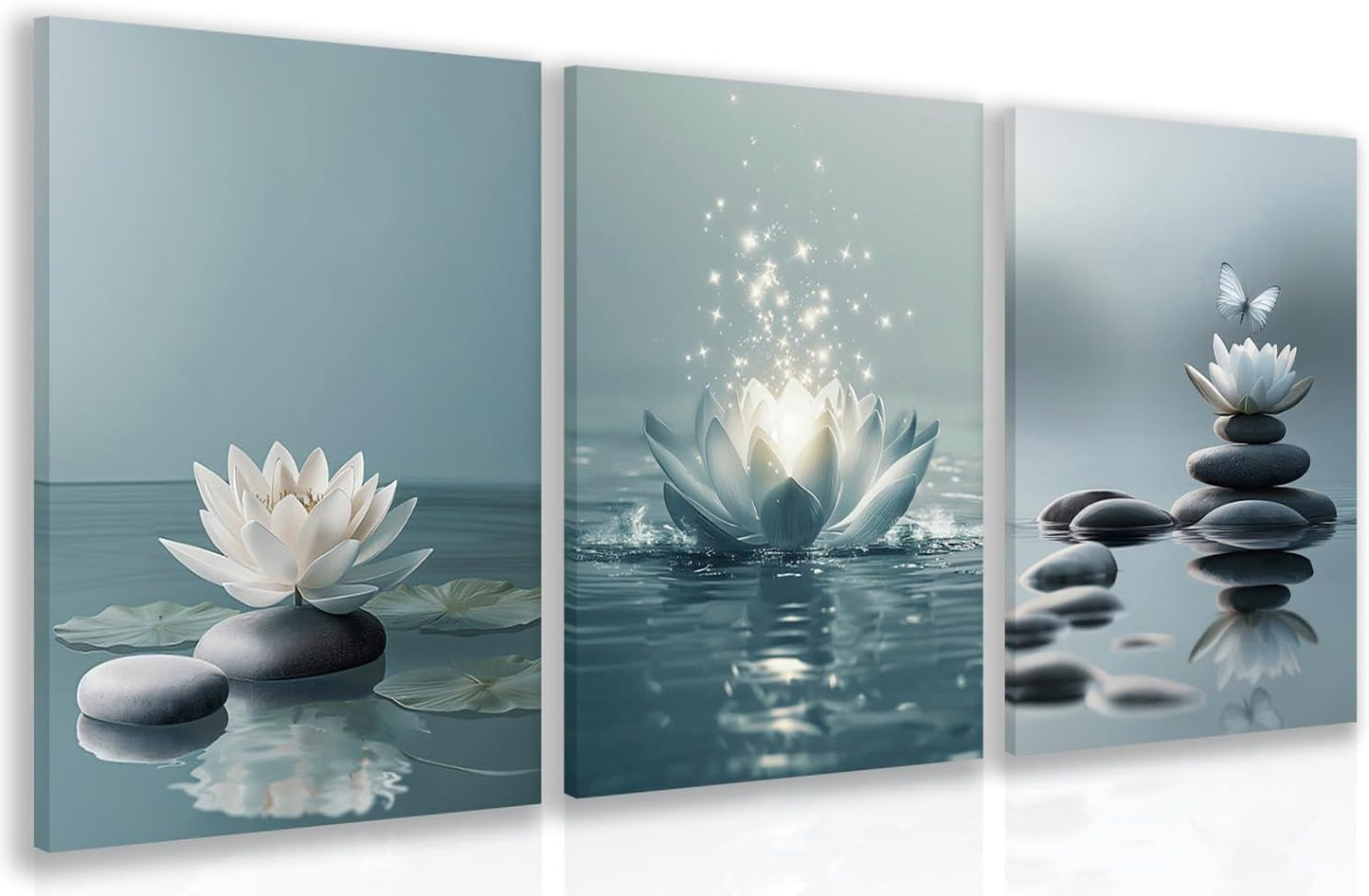 GELDSTEI Calm Zen Botanical Canvas Wall Art, White Lotus Blooming on Stones in Water Aesthetic Pictures, Yoga Spa Meditation Room Decor, Modern Spiritual Poster Prints for Zen Office Framed Set of 3, Each 12x16 Inch