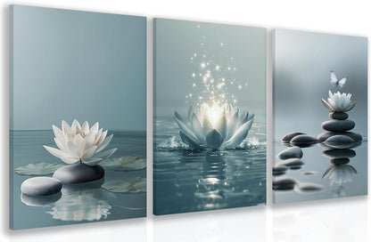 GELDSTEI Calm Zen Botanical Canvas Wall Art, White Lotus Blooming on Stones in Water Aesthetic Pictures, Yoga Spa Meditation Room Decor, Modern Spiritual Poster Prints for Zen Office Framed Set of 3, Each 12x16 Inch