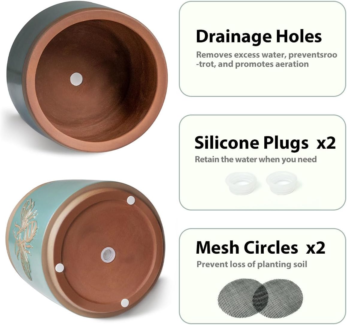 YBX 8 Inch + 6 Inch Ceramic Plant Pots, Succulent Flower Pots with Drainage Holes, Terracotta Planters for Indoor Plants, White&Terracotta (Garden)