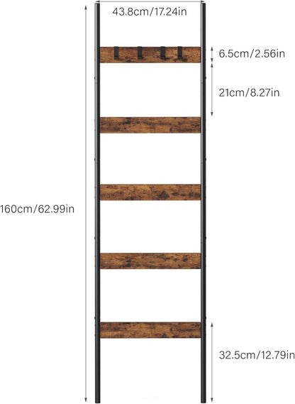 Blanket Ladder, 5-Tier Towel Holder with 4 Removable Hooks, Farmhouse Wall Leaning Decorative Rack Shelf, Wooden Towel Display Rack, Quilt Ladder for Living Room, Bedroom, Rustic Brown