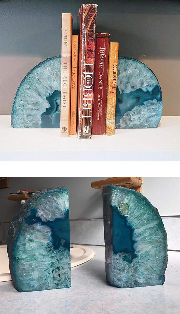 JIC Gem Dyed Blue Agate Bookends Geode Decorative Book Ends for Heavy Books with Rubber Bumpers for Office and Home Decoration Polished Small Size 2 to 3 Lbs