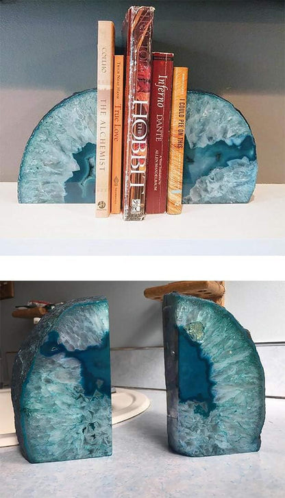 JIC Gem Dyed Blue Agate Bookends Geode Decorative Book Ends for Heavy Books with Rubber Bumpers for Office and Home Decoration Polished Small Size 2 to 3 Lbs