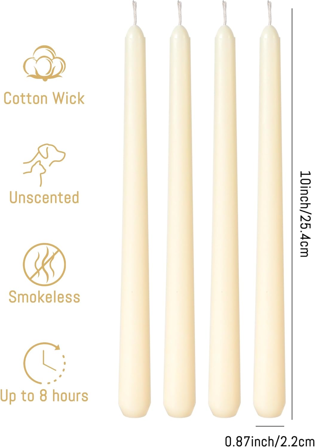 Viyffo Taper Candles, 10 Inch, 4 Pack, Olive Glow – Unscented, Dripless & Smokeless Design, Up to 8 Hour Burn – Long Tall Taper Candlesticks for Wedding, Dinner & Home Decor