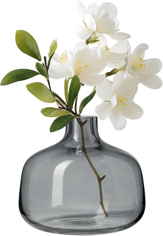 Torre & Tagus Belle Mouth Blown Art Glass Vase for Flowers - 4" Tall Clear Smoke Gray Colorful Vase, Handmade Small Black Vases for Home Decor, Black Bud Vases as Decorative Shelf Decor or Wedding