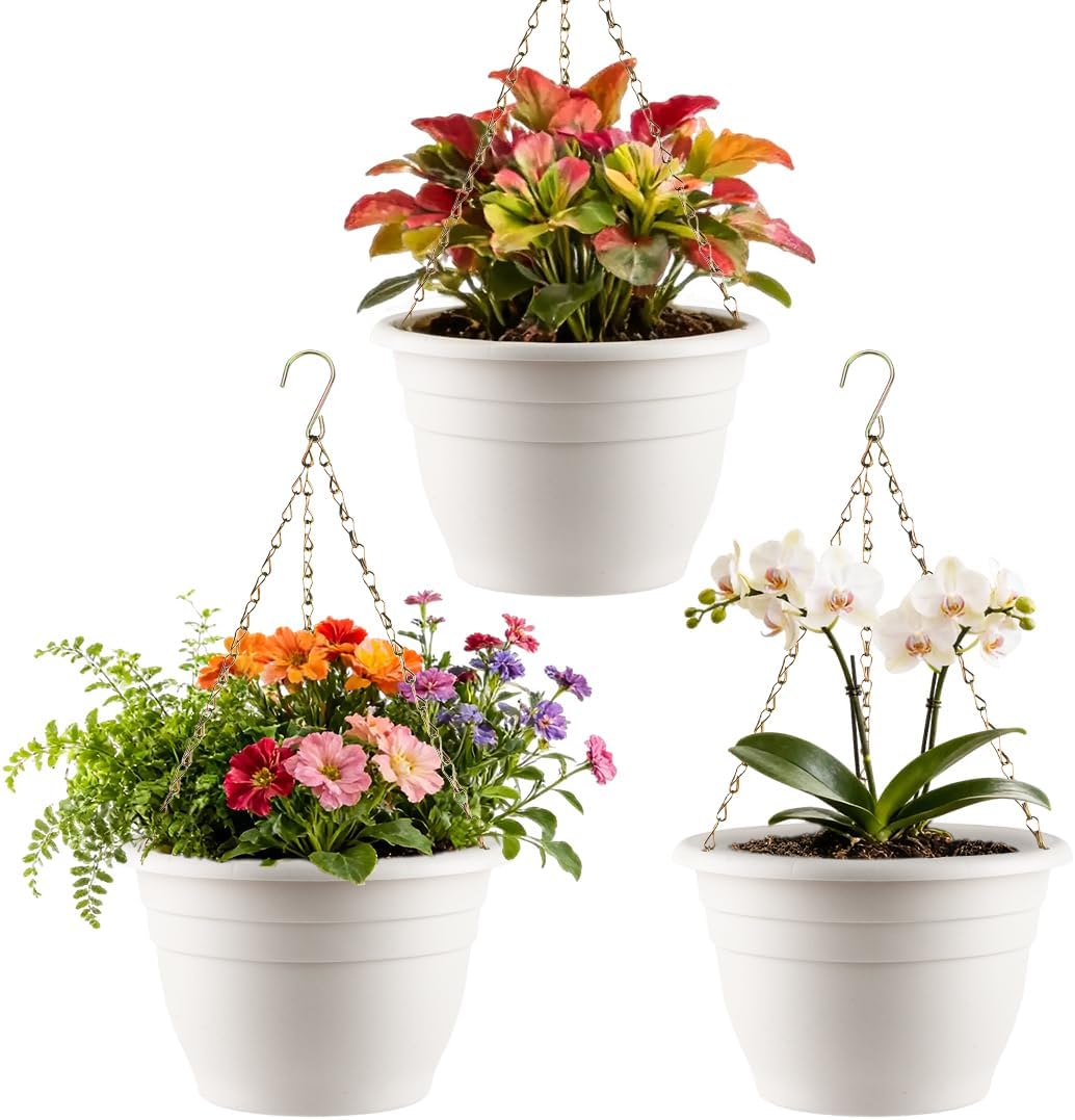 RooTrimmer Hanging Planters for Indoor Outdoor Plants 8 and 10 Inch, 4 Packs Hanging Flower Pot with Drainage Holes, Self-Watering Hanging Basket Perfect for Home, Office and Garden, White