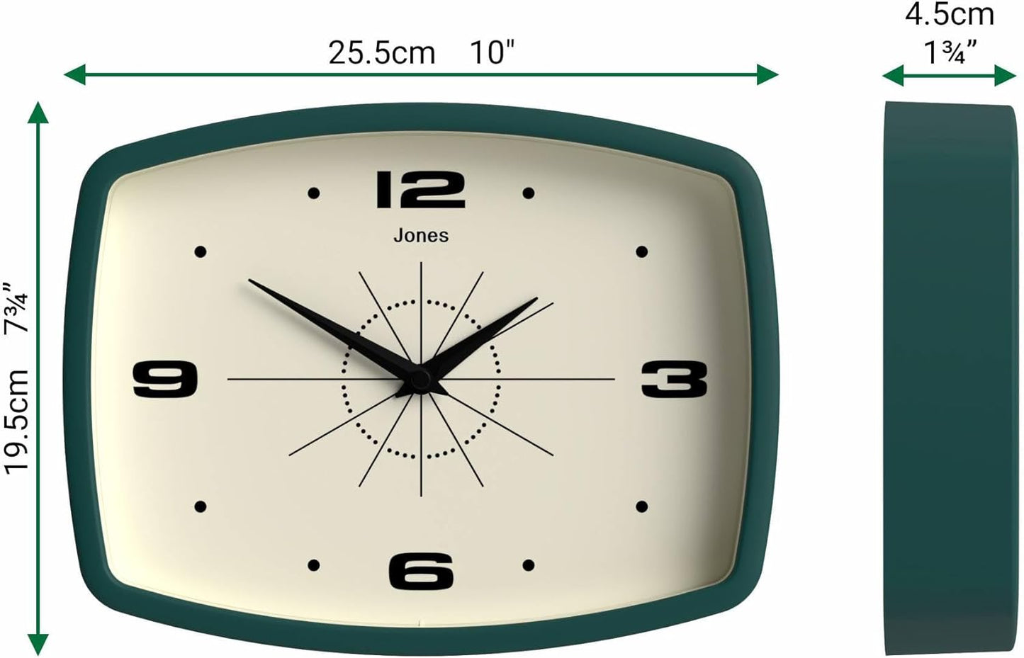 JONES CLOCKS® Movie wall Clock | Retro Rectangular Clock | 10 inch | Orange | Cool mid-Century Designer Look for Kitchen, Living Room or Office