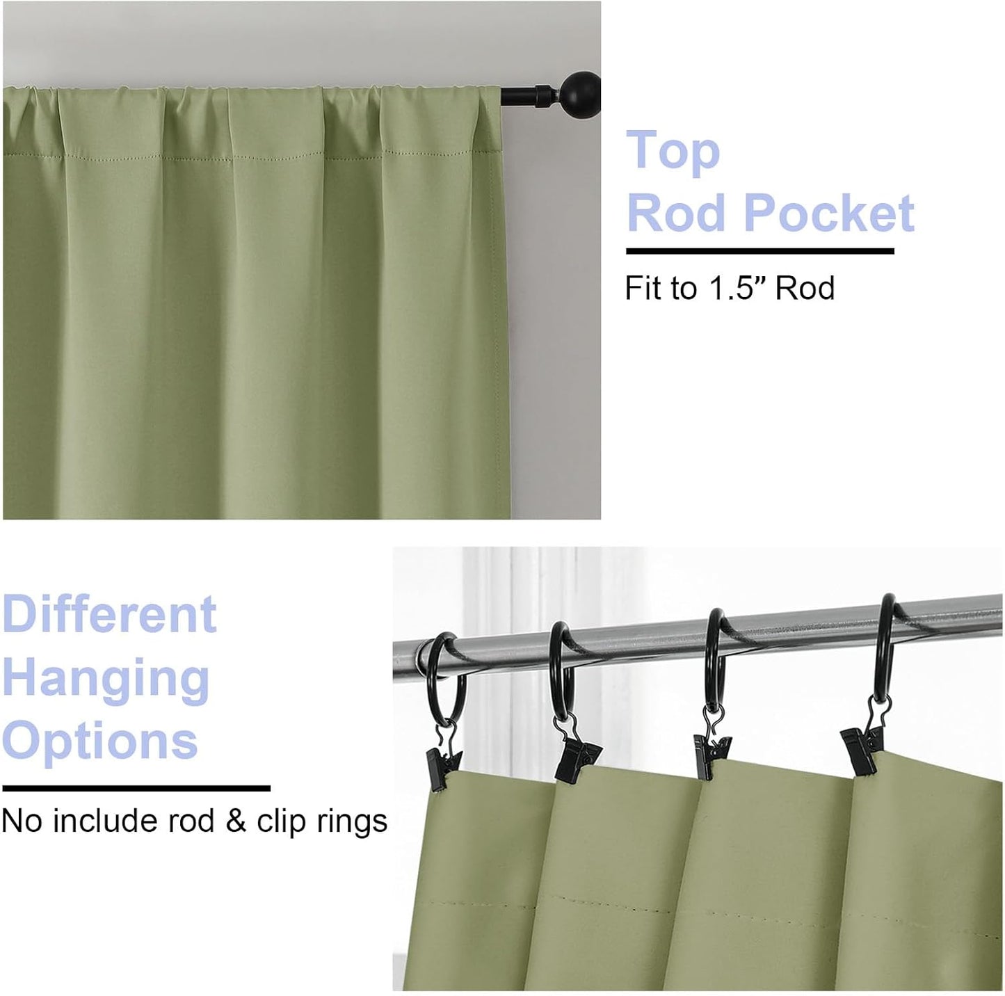 Simplebrand Ava Sage Green Blackout Curtains for Bedroom 63 Inch Length 2 Panels Set, Solid Thermal Insulated Energy Saving Rod Pocket Window Treatment Curtains Blackout Drapes, W40 x L63 Inch, Sage - Colors A