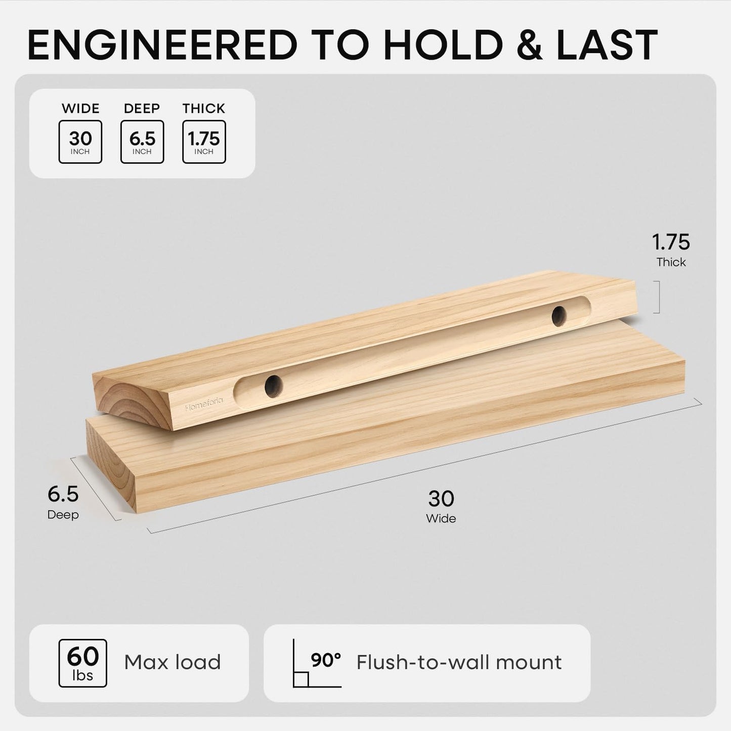 Homeforia 24 inch Natural Floating Shelf, High End Solid Real Wood 24inch Small Floating Shelves for Wall Mounted, Natural Wooden Floating Shelves, Heavy Duty Bracket, 24 X 6.5 X 1.75 in, Set of 2