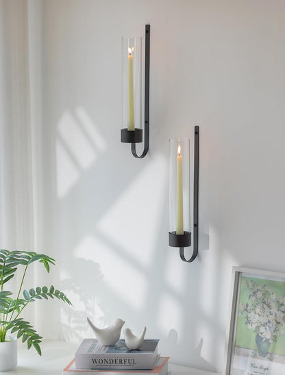 Sziqiqi Black Wall Candle Holders: Metal Candle Sconces for Taper Set of 2 Modern Wall Mounted Candlestick Holder with Hurricane Glass for Living Dining Room Bedroom Bathroom Outdoor