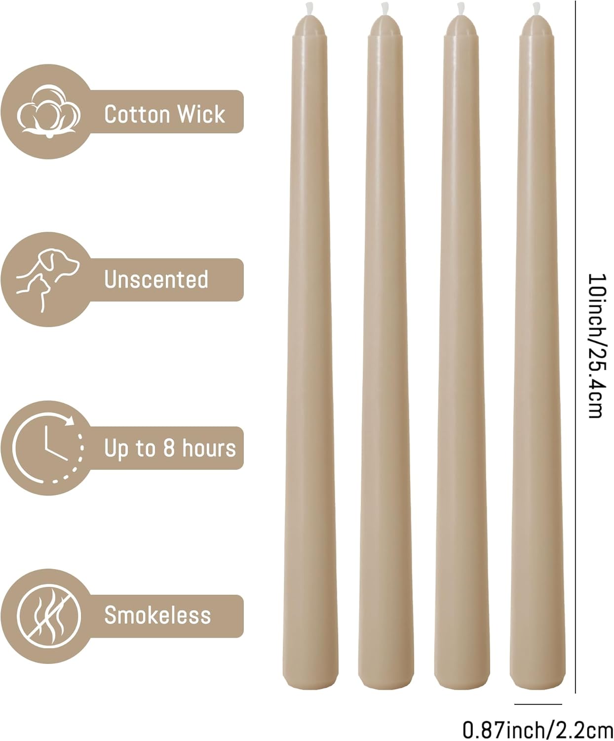 Viyffo Taper Candles, 10 Inch, 4 Pack, Olive Glow – Unscented, Dripless & Smokeless Design, Up to 8 Hour Burn – Long Tall Taper Candlesticks for Wedding, Dinner & Home Decor